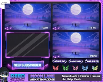 Moon Lake Animated Twitch Overlay: Lo-fi Forest, Kittens (Digital Download)