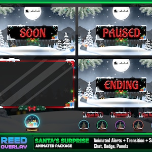 Könnte beinhalten: Ein animiertes Overlay-Paket zum Thema Weihnachten für Twitch- oder YouTube-Streaming. Das Paket enthält animierte Benachrichtigungen, Übergänge, Bildschirme, Chat-Abzeichen und Panels. Das Overlay zeigt eine verschneite Winterlandschaft mit einem Weihnachtsbaum, Geschenken und einem fliegenden Weihnachtsmann-Schlitten. Der Text "SANTA'S SURPRISE ANIMATED PACKAGE" wird am unteren Rand des Bildes angezeigt.