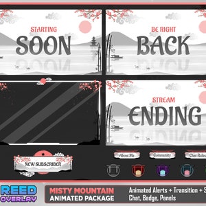 Lofi Japan Cherry Blossom Theme Animated Complete Stream Package &quot;Misty Mountain&quot; -  Edo Japan Mountain Lake Tori Gate Twitch Overlay