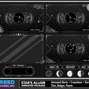 Zodiac Constellation Celestial Stream Animated Package " STAR'S ALIGN" - Tarot Style Moon Phase Dark Theme Astrology Twitch Overlay Pack