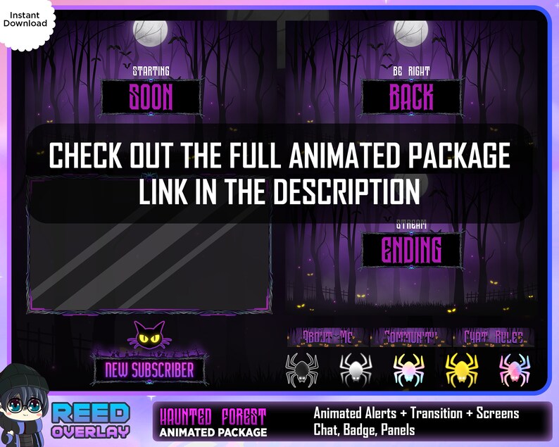 May include: Animated Twitch overlay package for streaming with a haunted forest theme. The overlay includes animated alerts, transitions, screens, chat, badge, and panels. The overlay features a purple and black color scheme with a spooky forest background.