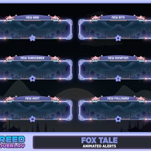 May include: Six animated Twitch alerts with a Japanese-inspired design. The alerts are for new raid, new bits, new subscriber, new donation, new host, and new follower. The alerts feature a dark blue background with a light blue border and pink flowers. The text "FOX TALE ANIMATED ALERTS" is at the bottom of the image.