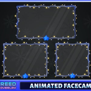以下が含まれることがあります： 青い縁取りと白い縁取りのあるアニメーションの顔カメラオーバーレイで、キラキラ光るライトの列と青い星が特徴です。画像の下部には「REED OVERLAY」と「ANIMATED FACECAM」のテキストが表示されています。