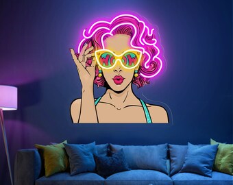 Neon Sign Acrylic ArtWork, Sex Girl with Glass Neon sign, Custom neon sign,Beautiful Woman Neon Sign Art, Wall decor living room