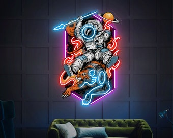 Neon Sign Acrylic ArtWork, Astronauta And Tiger Neon sign, Custom Spaceman neon sign, Neon Sign Art, Wall decor living room
