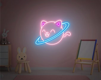 Meow Planet Neon Sign, Cute Cat Neon Sign,Kid Room Wall Light,Handmade LED Neon,Children room decoration,Back to School Gifts