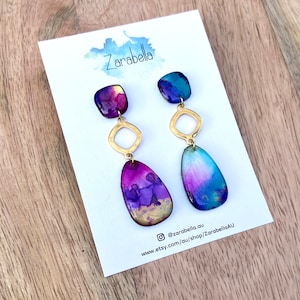 Unique Ink Art Earrings! Elegant resin dangle earrings with gold-plated components and stainless steel posts. Approx 6.4cm