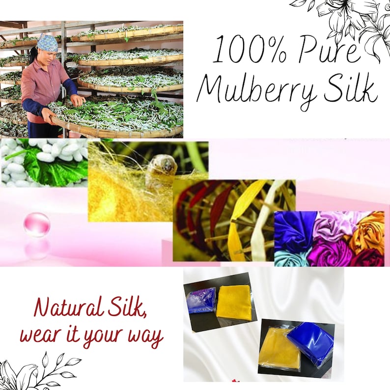 May include: An image showcasing the process of mulberry silk production. It includes a person tending to trays of silkworms, close-ups of cocoons, silk threads, and finished silk products. Text reads "100% Pure Mulberry Silk" and "Natural Silk, wear it your way."