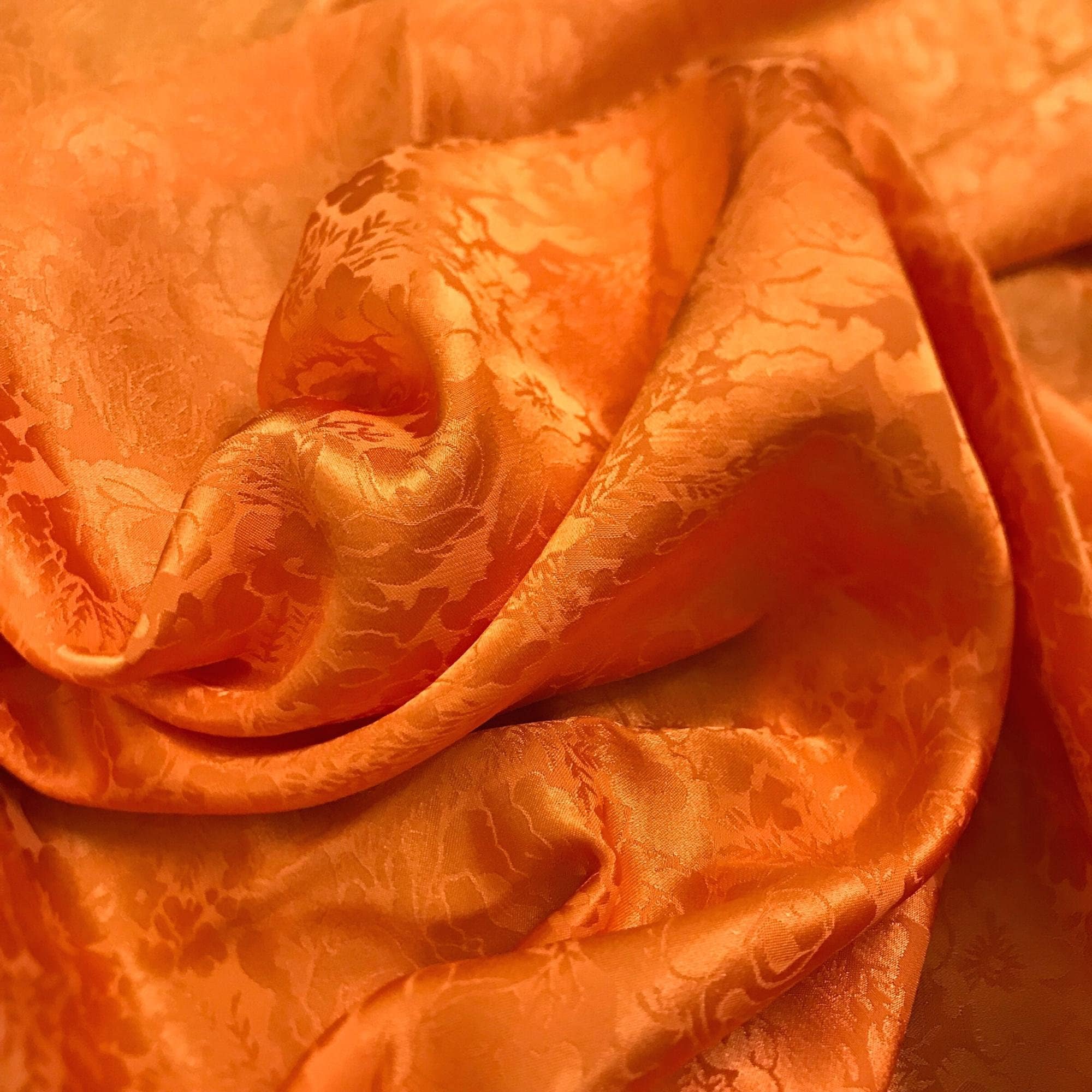 100 PURE MULBERRY SILK Fabric by the Yard Orange Silk Jacquard Floral
