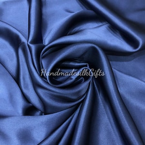100% PURE MULBERRY SILK fabric by the yard - Dark blue silk satin - Dress making - Gift for her - Silk for sewing - 19mm - Luxury silk satin