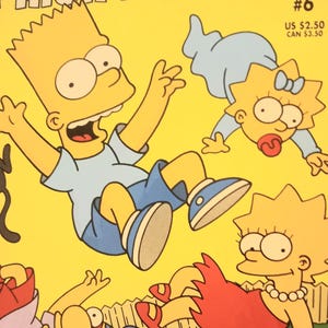May include: A vibrant illustration featuring characters from The Simpsons cartoon series. Bart Simpson is in the center, with other family members and a friend scattered around. The background is yellow, and the characters are in various poses.