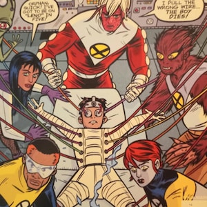 May include: Comic book cover illustration with costumed figures in red, yellow, and blue, surrounding a person. Text includes "MILLIGAN WALLRED" and speech bubbles with dialogue. The scene appears to be from a science fiction or superhero comic.