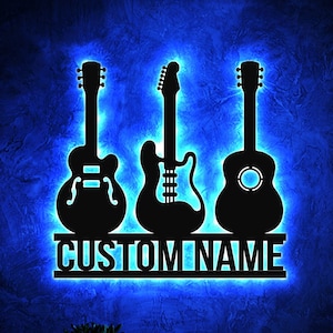 Personalized Guitar Metal Sign with LED Light, Silhouette Guitar Player Name Sign, Guitar Wall Art, Music Studio Decor Gift for Guitar Lover