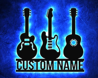 Personalized Guitar Metal Sign with LED Light, Silhouette Guitar Player Name Sign, Guitar Wall Art, Music Studio Decor Gift for Guitar Lover