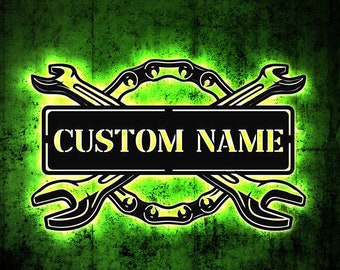 Custom Garage Metal Sign with LED Lights, Personalized Workshop Decor
