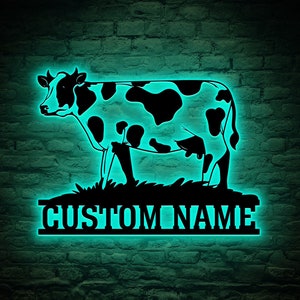 Custom Cow Farmhouse Metal Sign Led Light, Farmhouse Sign Name, Cow Metal Wall Art, Barn Ranch Sign, Cow Farmhouse Wall Decor, Farmer Gift