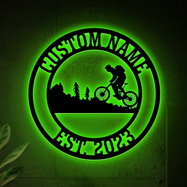 Custom Mountain Biking Metal Sign with LED Lights, Mountain Bike Sign, Riding Bicycle Metal Wall Art, Biker Name Sign, Biker Xmas Birthday