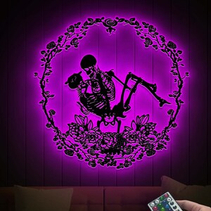 Skeleton Romantic Metal Wall Art with Led Light, Skull Kissing Lovers Metal Sign, Skeleton Lovers Wall Decor, Unique Home Decor, Couple Gift