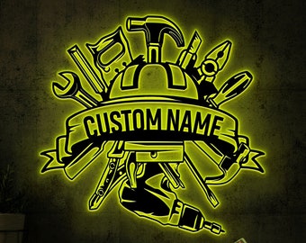 Personalized Metal Workshop Sign with LED Lights, Garage Decor
