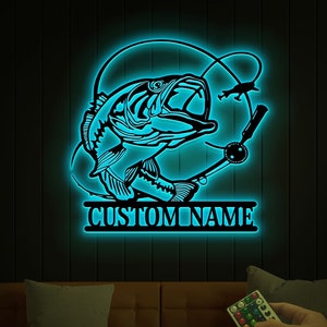 Custom Bass Fishing Metal Sign Led Lights, Fishing Metal Wall Art, Fishing Home Decor, Crappie Fish, Bass Fish Man Cave Fisherman Dad Gift