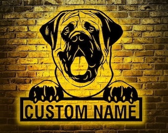 English Mastiff Dog Metal Sign, Custom Name LED Light