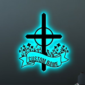 Custom Blessed Cross Metal Sign LED Light, God Faith Cross Wall Art, Religious Housewarming Gifts, Jesus Christ Sign For Indoor Wall Decor