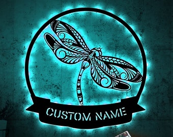 Personalized Dragonfly Metal Wall Art with LED, Nursery Decor