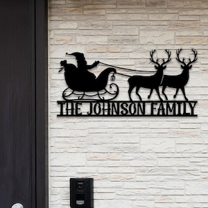Personalized Santa Claus with Reindeer Metal Sign Wall Art, Custom Family Name Sign, Santa Claus Metal Wall Decor, Christmas Decoration