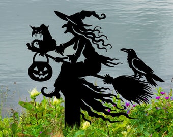 Witch on Broomstick Metal Yard Stake, Halloween Outdoor Decor