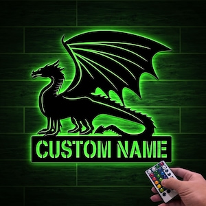 Custom Dragon Metal Sign Wall Art with LED Lights, Personalized Dragon Lover Name Sign, Dragon Wall Hanging, Housewarming Gift, Home Decor
