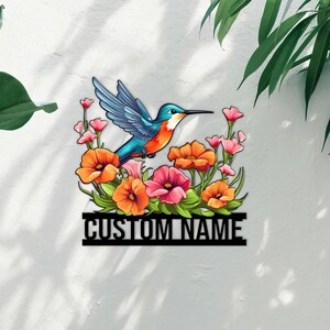 Personalized Garden Metal Sign, Custom Hummingbird Name Sign, Garden Flower Sign, Garden Wall Art, Garden Wall Decor, Birds Lover Gift