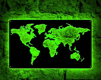 Metal World Map LED Sign, Geometric Wall Art