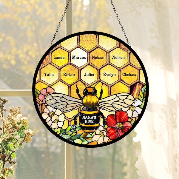 Custom Bee Stained Glass Suncatcher, Grandma's Garden, Personalized Kids Names