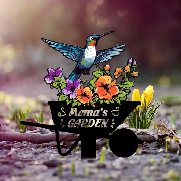 Pieu de jardin en métal personnalisé colibri, panneau de jardin oiseau avec piquets, panneau de nom de jardin personnalisé, cadeau fête des mères, décoration de jardin