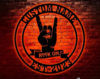 Custom Rock on Hand Sign Metal with LED Lights, Rock N' Roll Wall Art, Rock Lover Wall Hanging for Living Room Cabin, Music Room Decor