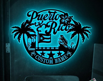 Personalized Puerto Rico Flag Metal Wall Art LED Light, Custom Puerto Rico Lover Name Sign, Born in Puerto Rico Sign, Puerto Rico Decoration