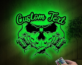 Personalized Skull Tattoo Machine Metal Sign, LED Light Decor