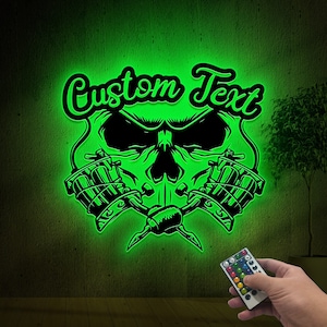 Personalized Skull Tattoo Machine Metal Sign with Led Lights, Tattoo Machine Wall Art, Welcome Sign, Tattoo Artist Gift, Tattoo Shop Decor
