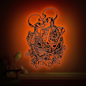 Couple Skeleton Metal Wall Art with Led Lights, Skeleton Lovers Wall Decor, Skull Hanging, Valentines Day, Gift for Couple, Halloween Decor