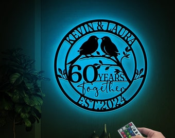 60th Anniversary Metal Sign with LED Lights, Personalized Gift