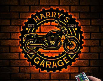 Custom Motorcycle Metal Garage Sign with LED Lights