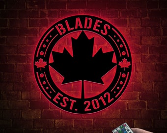 Personalized Family Name Metal Sign, Canadian Maple Leaf, LED Lights