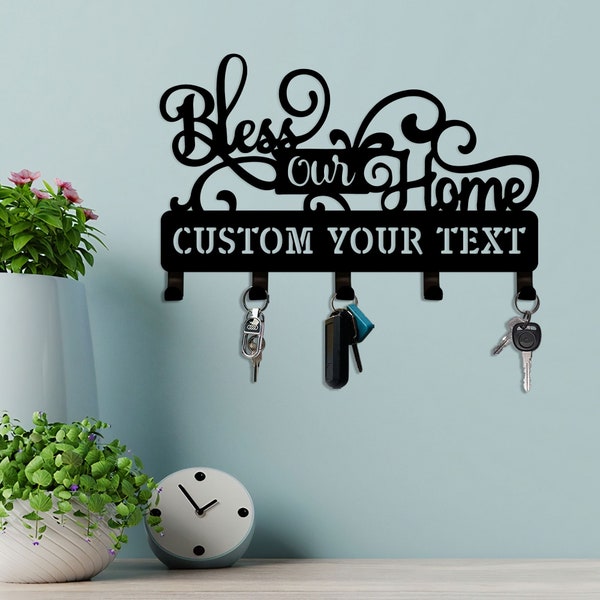 Bless Our Home Metal Key Holder for Wall, 5 Hooks Key Rack, Key Hanger, Wall Decor, Entryway Decor, Dog Leash Holder, Housewarming Gift