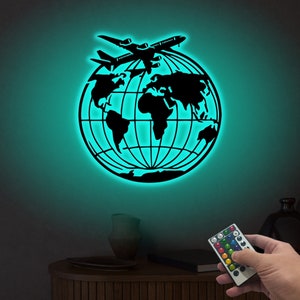 World Map with Plane Metal Sign with Led Lights, Minimalist Metal Line Art, Metal Wall Hanging, Housewarming Gift, Ofifce Wall Decor