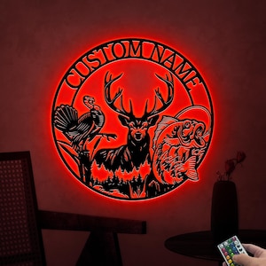 Custom Deer Turkey And Fishing Metal Wall Art LED Light, Personalized Hunter Name Sign, Hunting Sign, Hunter Gift, Christmas Gift, Dad Gift