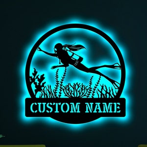 Personalized Scuba Diving Metal Wall Led Lights, Scuba Diver Name Sign, Diving Wall Art, Water Sports Decor, Summer Beach Home Decoration
