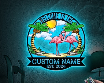 Custom Pink Flamingo Metal Art, LED Beach House Decor