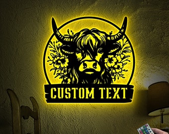 Custom Highland Cow Metal Sign with LED Lights, Farmhouse Wall Decor
