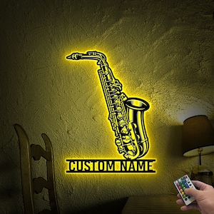 Custom Saxophone Musical Instrument Metal Sign with Led Lights, Personalized Player Name Sign, Musical Instrument Gift, Music Room Decor