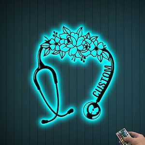 Personalized Nurse Metal Sign Led Lights, Floral Heart Stethoscope Nurse Wall Art, Nurse Name Sign Doctor Sign, Nurse Gift, RN Med Student